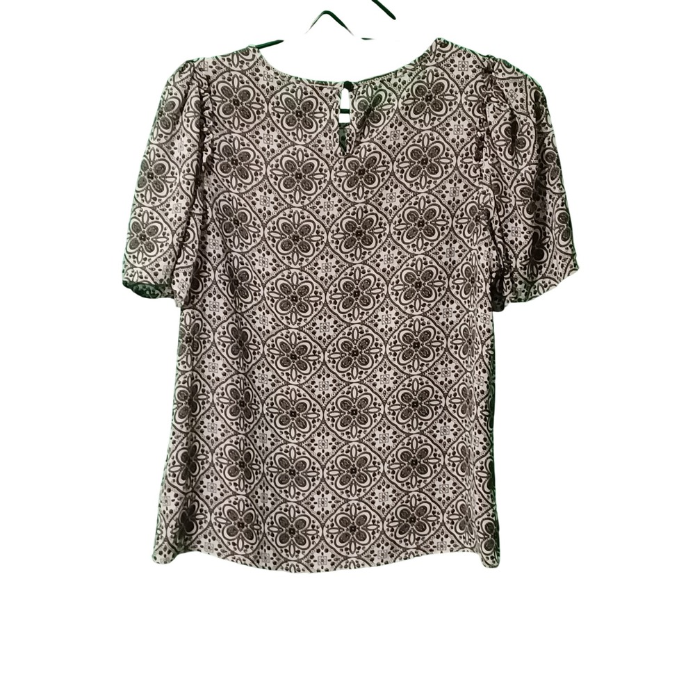 Worthington‎ Petite Medallion Print Blouse Black White Ruffle Shoulder PM